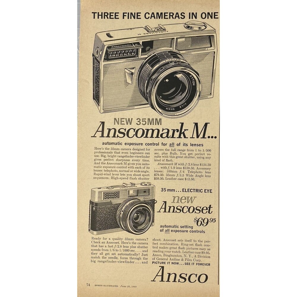 ANSCO 35MM Anscomark M Camera "Automatic Exposure Control" Vintage Print Ad 1960